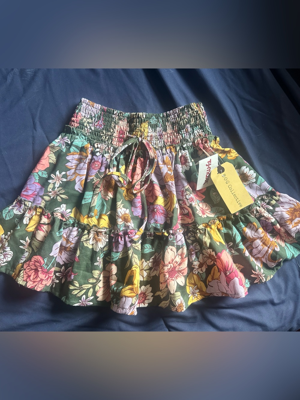 Floral Ruffle Mini Skirt with Smocked Waist — Green Multi